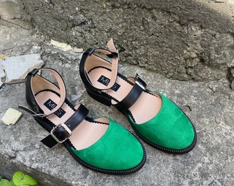 Thea - Women's Genuine Leather Ankle Strap Sandals, Color Block Summer Flats, Closed Toe Shoe, Casual Green Shoes, Customised Black Shoes