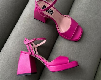 Genuine Leather Heel Sandals, Block Heel Shoes, Open Toe Shoes, Bright Pink Pumps, Summer Heel Shoes, Wedding Shoes, Dress Pumps