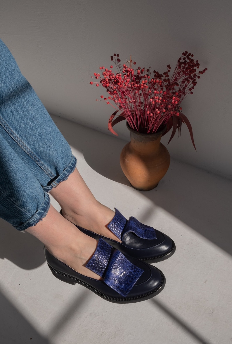Classic leather loafer shoes women, dress shoes, flat slip on shoes, navy blue loafers, casual flats, unique custom made shoes women