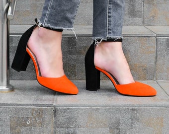 Handmade High Heel Color Block Leather Shoes, Closed Toe Orange