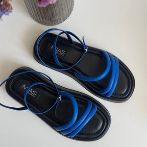 Women&#39;s Strappy Sandals, Blue Leather Sandal Shoes, Beach Sandals, Greek Sandals, Flat Platform Sandals, Handmade Summer Shoes, Beach Shoes