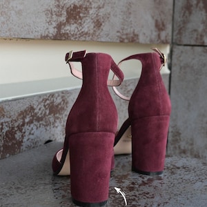 Wedding suede leather shoes, high heel burgundy shoes, fashion closed toe pumps, special occasion women’s shoes, handmade suede shoes