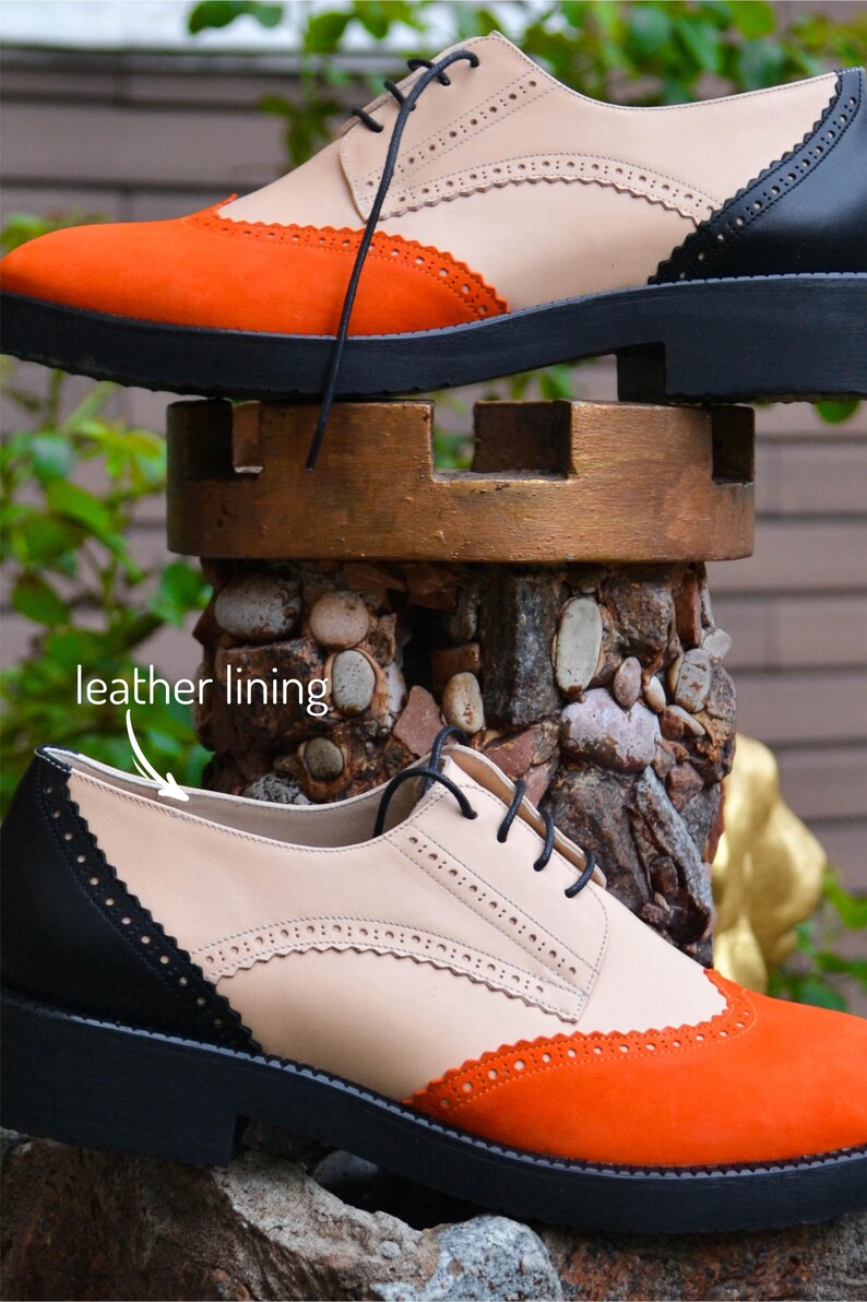 Womens Handmade Leather Suede Color Block Lace-Up Shoes, Black Oxford Shoe, Free Customization