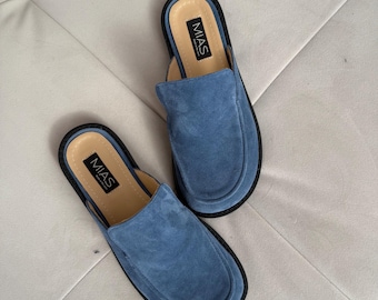 Soft Leather Barefoot Shoes, Jeans Blue Suede Slippers, Summer Mules, Custom Slip on Flat Shoes, Women’s Custom Open Heel Casual Sandals