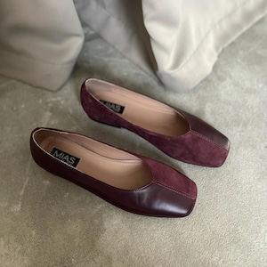 Classic ballet flats, burgundy leather shoes women, black suede shoes, flat shoes ladies, slip on square toe shoes, custom made shoes