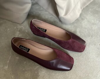 Classic ballet flats, burgundy leather shoes women, black suede shoes, flat shoes ladies, slip on square toe shoes, custom made shoes