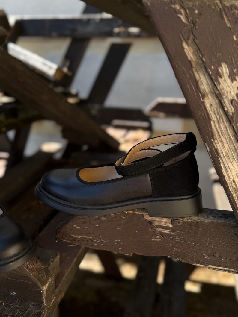 Women’s black leather and suede shoes, handmade ankle strap ballet shoes, casual Mary Jane shoes, closed round toe flats, formal shoes