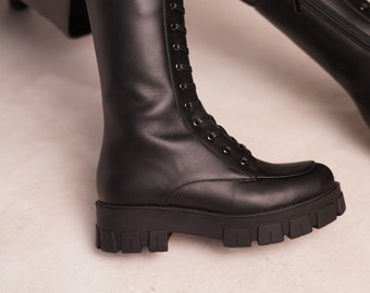 Women&#39;s Black Leather Military Boots, Combat High Boots, Lace up Boots, Handmade Chunky Boots, Platform Fall Shoes, Custom Color Boots