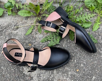 Thea - Women's Genuine Leather Ankle Strap Color Block Closed Toe Sandals, Pink Flats, Black Shoes, Handmade Shoes, Free Customization