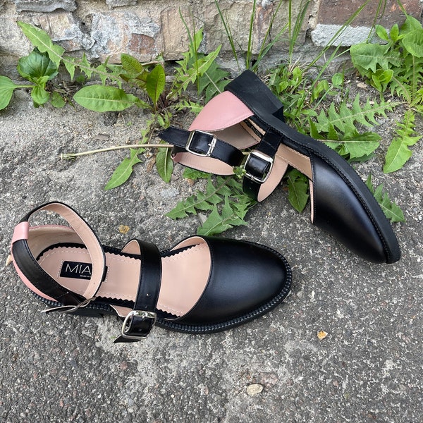 Thea - Women's Genuine Leather Ankle Strap Color Block Closed Toe Sandals, Pink Flats, Black Shoes, Handmade Shoes, Free Customization
