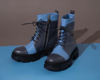 Maßgeschneiderte Lederstiefel für Frauen, Ankle Boots, Militär Stiefel, Plateau Chunky Boots, hohe Schnürstiefel, Statement Schuhe Damen