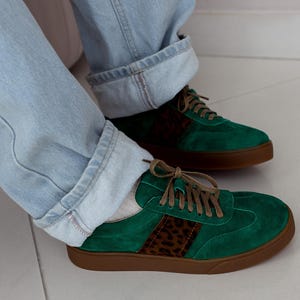 Women’s soft leather sneakers, green suede trainers,  platform sneakers, wide fit shoes, custom made shoes, retro sneakers, walking shoes