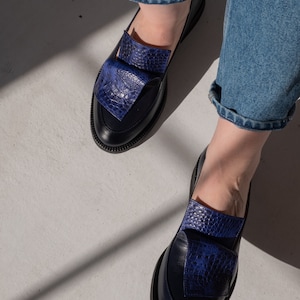 Classic leather loafer shoes women, dress shoes, flat slip on shoes, navy blue loafers, casual flats, unique custom made shoes women