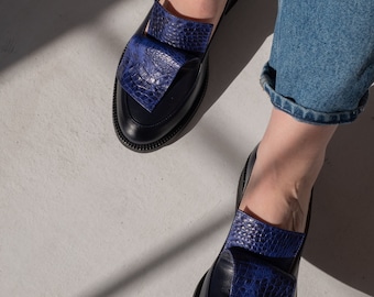 Classic leather loafer shoes women, dress shoes, flat slip on shoes, navy blue loafers, casual flats, unique custom made shoes women
