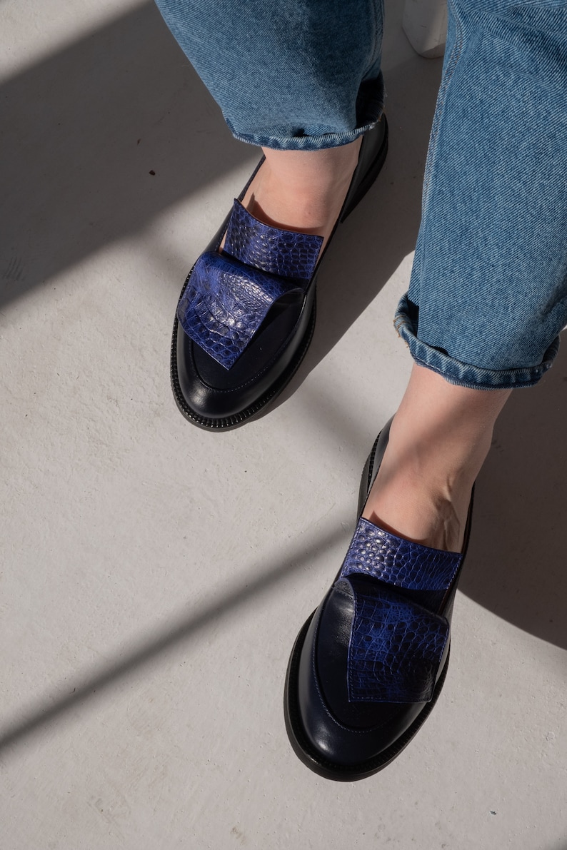 Classic leather loafer shoes women, dress shoes, flat slip on shoes, navy blue loafers, casual flats, unique custom made shoes women