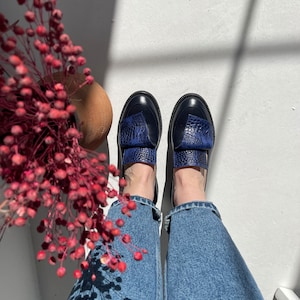 Classic leather loafer shoes women, dress shoes, flat slip on shoes, navy blue loafers, casual flats, unique custom made shoes women