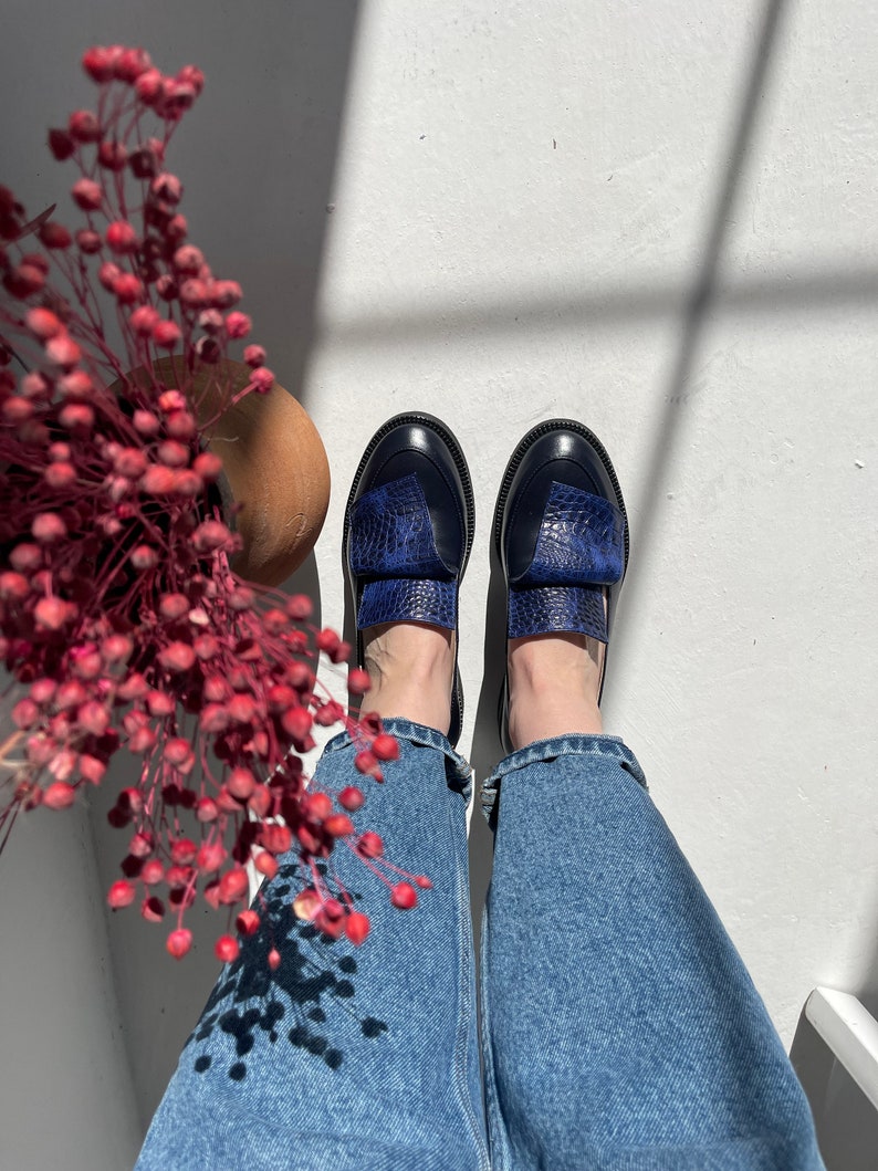 Classic leather loafer shoes women, dress shoes, flat slip on shoes, navy blue loafers, casual flats, unique custom made shoes women