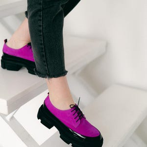 Women’s Leather Platform Shoes, Handmade Oxford Shoes, Color Block Suede Shoes, Office Shoes, Black and Pink Shoe, Tie Shoes, Wide Shoes