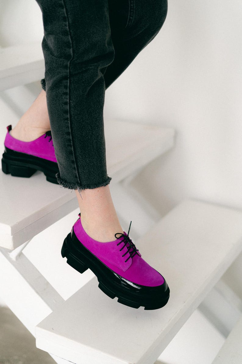 Women’s Leather Platform Shoes, Handmade Oxford Shoes, Color Block Suede Shoes, Office Shoes, Black and Pink Shoe, Tie Shoes, Wide Shoes