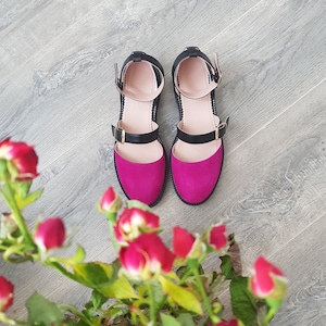 Women's Magenta Leather Shoes, Ankle Strap Sandals, Black Leather Shoes, Low Heel Sandals, Hot Pink Summer Shoes, Custom Wide Fit Shoes
