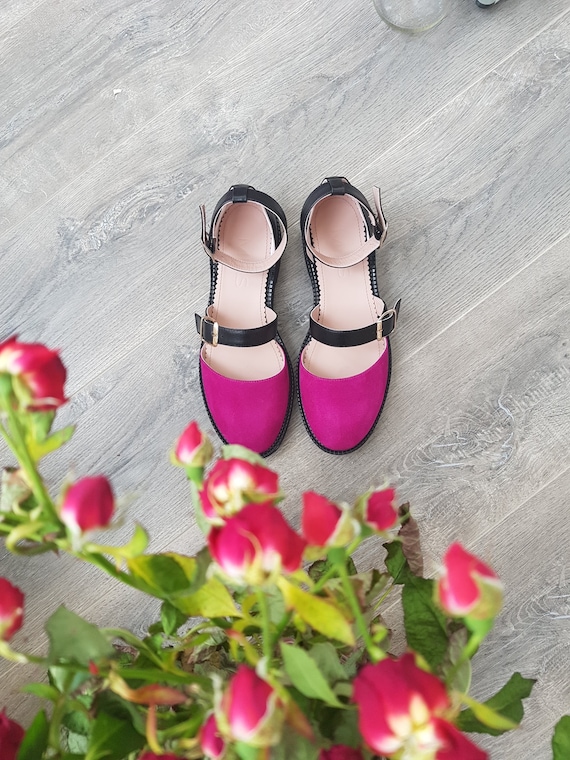 Women's Magenta Leather Shoes, Ankle Strap Sandals, Black Leather Shoes,  Low Heel Sandals, Hot Pink Summer Shoes, Custom Wide Fit Shoes - Etsy