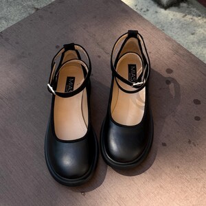 Women’s black leather and suede shoes, handmade ankle strap ballet shoes, casual Mary Jane shoes, closed round toe flats, formal shoes