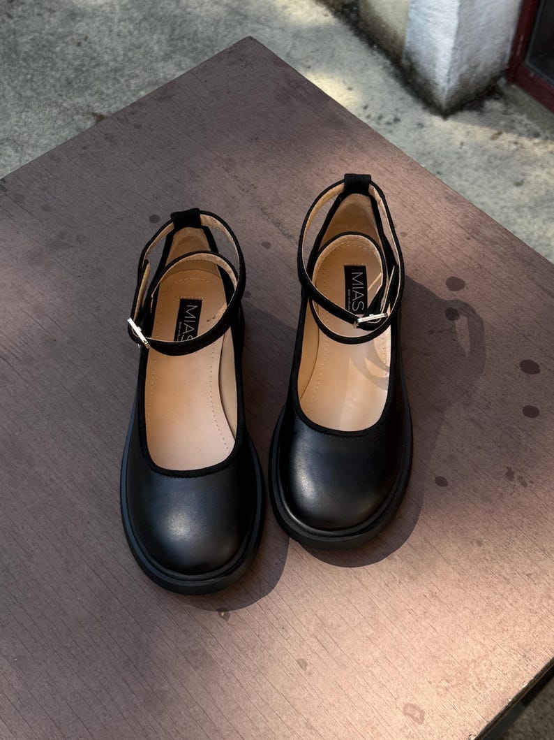Women’s black leather and suede shoes, handmade ankle strap ballet shoes, casual Mary Jane shoes, closed round toe flats, formal shoes