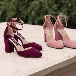 Wedding suede leather shoes, high heel burgundy shoes, fashion closed toe pumps, special occasion women’s shoes, handmade suede shoes