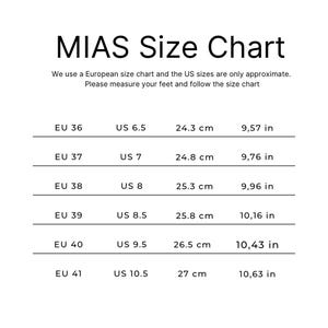 May include: A size chart for shoes, showing European shoe sizes (EU) and corresponding US shoe sizes, along with the equivalent measurements in centimeters (cm) and inches (in).