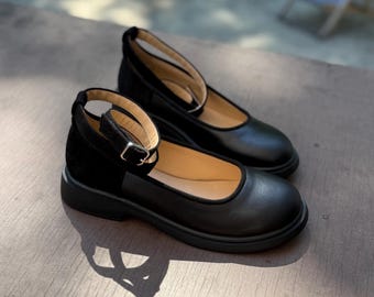 Women’s black leather and suede shoes, handmade ankle strap ballet shoes, casual Mary Jane shoes, closed round toe flats, formal shoes