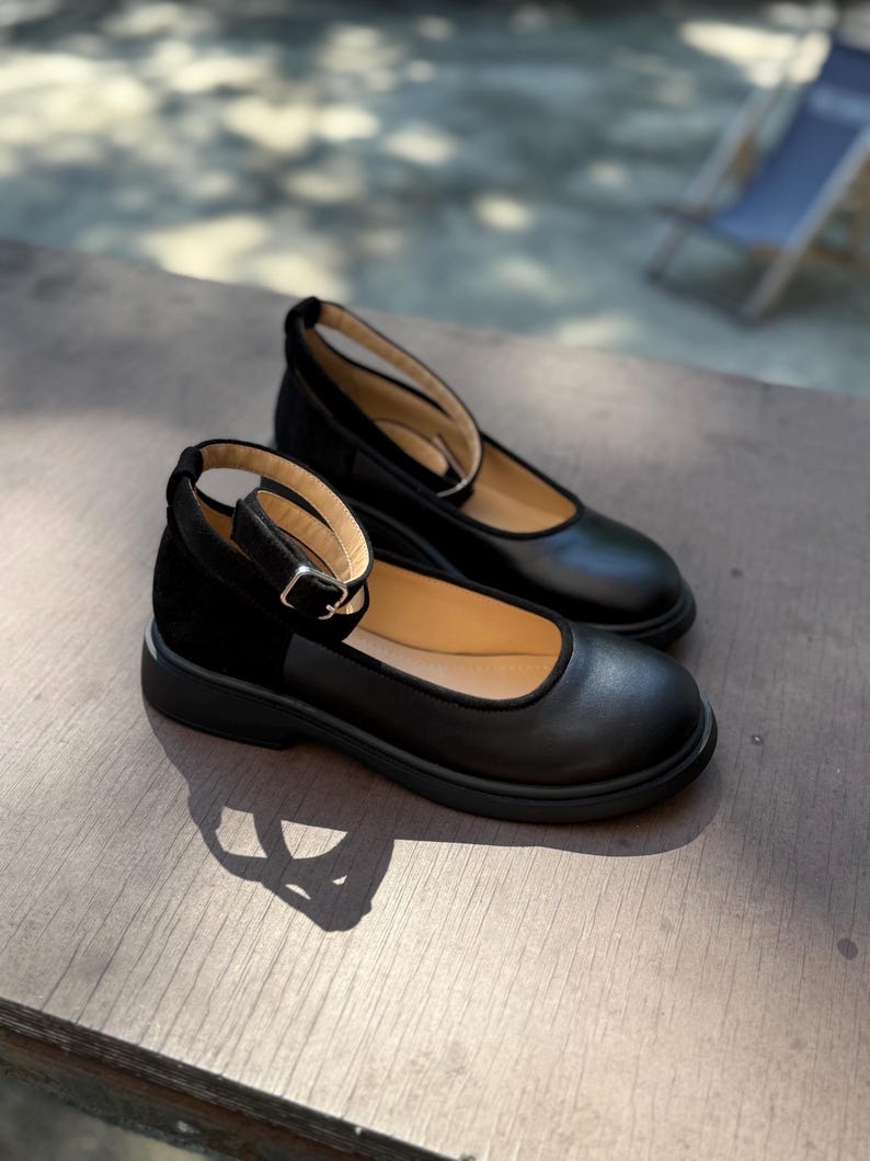 Women’s black leather and suede shoes, handmade ankle strap ballet shoes, casual Mary Jane shoes, closed round toe flats, formal shoes