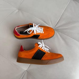 Women’s soft leather sneakers, orange suede trainers,  platform sneakers, wide fit shoes, custom made shoes, retro sneakers, walking shoes