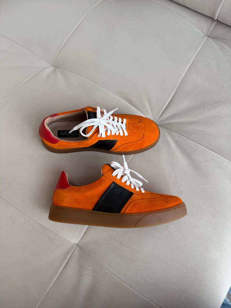 Women’s soft leather sneakers, orange suede trainers,  platform sneakers, wide fit shoes, custom made shoes, retro sneakers, walking shoes