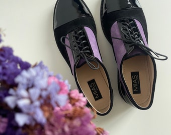 Womens Handmade Oxford Shoe, Genuine Leather, Suede Black Shoes, Color Shoes, Tie Shoe, Patent Leather Dress Shoe, Wide Fit Shoes