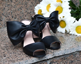 Women&#39;s Black Leather Heeled Sandals, Boho High Heel Shoes, Block Heel Sandals, Custom Color Shoes, Peep Toe Shoes, Special Day Shoes