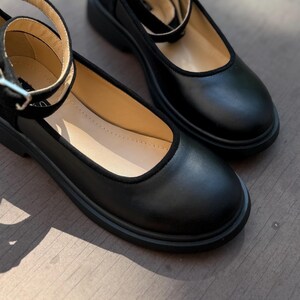 Women’s black leather and suede shoes, handmade ankle strap ballet shoes, casual Mary Jane shoes, closed round toe flats, formal shoes