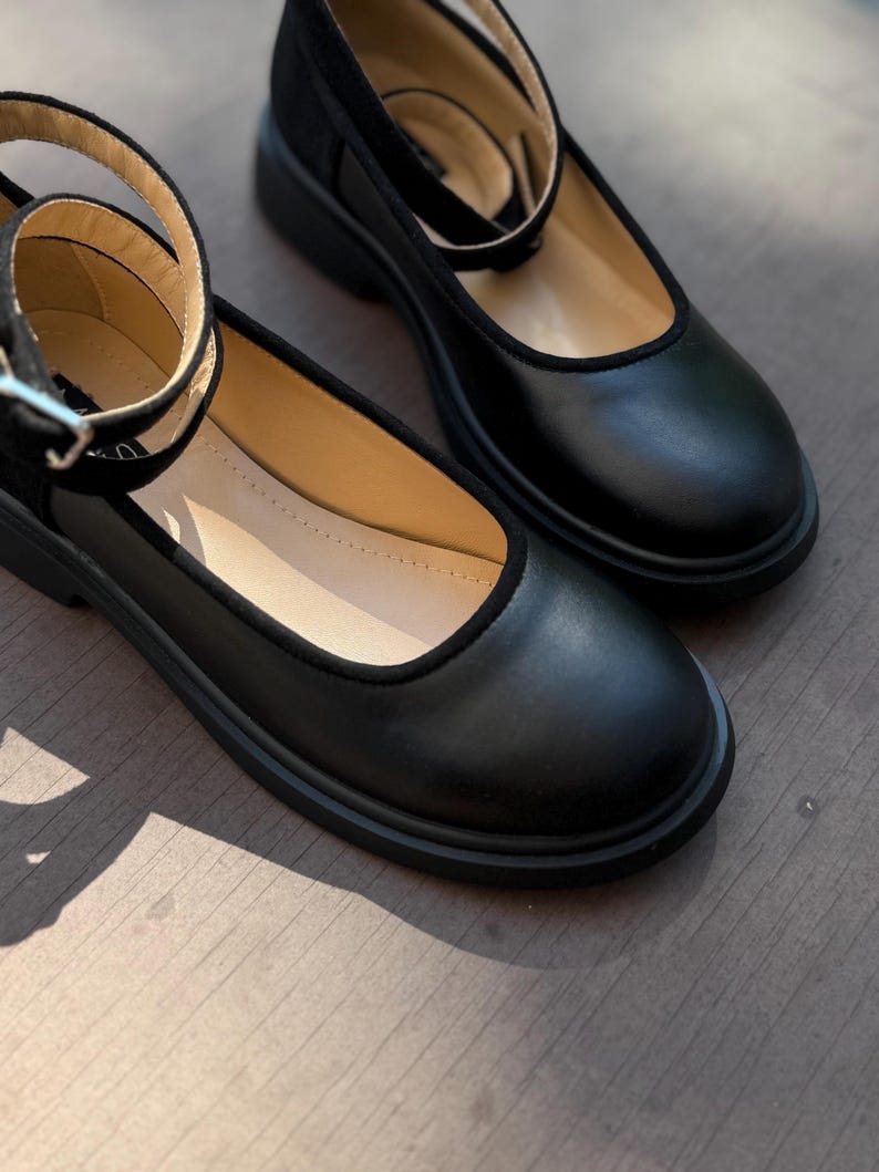 Women’s black leather and suede shoes, handmade ankle strap ballet shoes, casual Mary Jane shoes, closed round toe flats, formal shoes