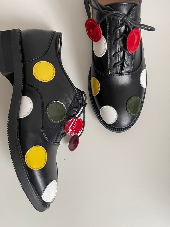 Genuine leather black dress shoes for Women, Polka Dot Shoe, Tie Shoe, Casual Shoes