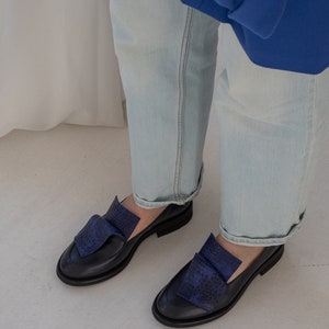 Classic leather loafer shoes women, dress shoes, flat slip on shoes, navy blue loafers, casual flats, unique custom made shoes women