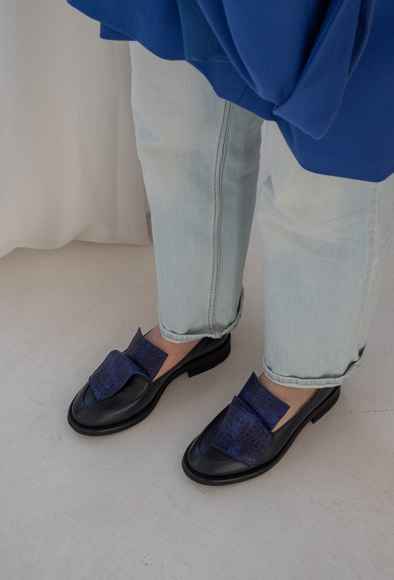 Classic leather loafer shoes women, dress shoes, flat slip on shoes, navy blue loafers, casual flats, unique custom made shoes women