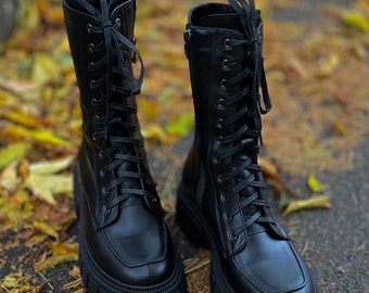 Adele - Genuine Leather Combat Boots, Military Style Footwear, Fur Lined Lace-up Frost Resistant Boots, Black White Boots, Color Block Shoe