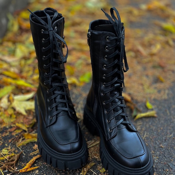 Adele - Genuine Leather Combat Boots, Military Style Footwear, Fur Lined Lace-up Frost Resistant Boots, Black White Boots, Color Block Shoe