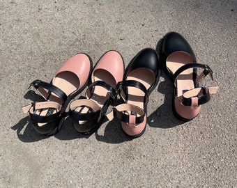 Womens Genuine Leather Ankle Strap Color Block Closed Toe Sandals