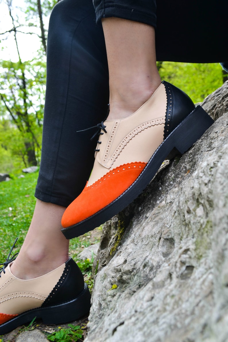 Womens Handmade Leather Suede Color Block Lace-Up Shoes, Black Oxford Shoe, Free Customization
