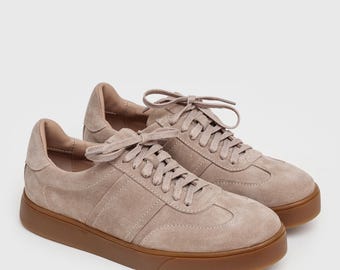 Unisex Soft Sneakers, Women's Beige Suede Leather Trainers, Handmade Wedding Sneakers, Casual Retro Sneakers, Custom Wide Fit Shoes