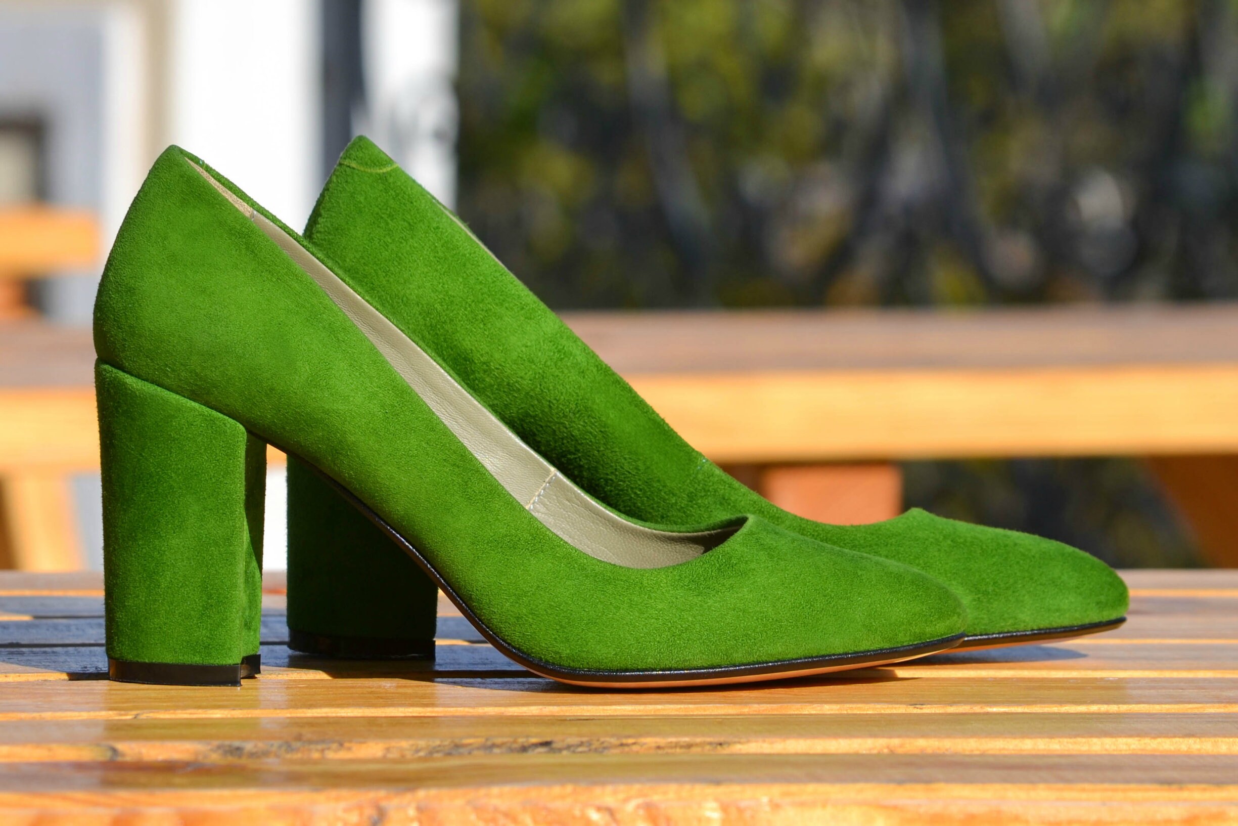 Green suede online block heels