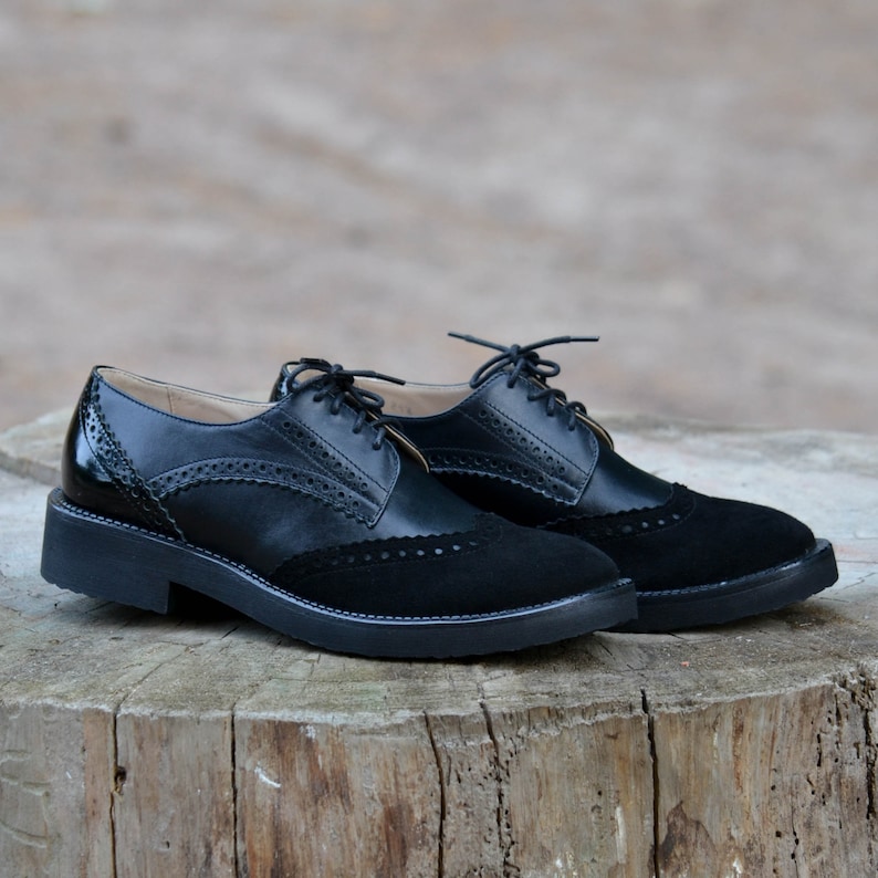 Elegant Lace-Up Oxfords Handcrafted Suede Patent Leather Shoes for Women, Fall Oxford Shoe, Brogue Shoes, Free Customization