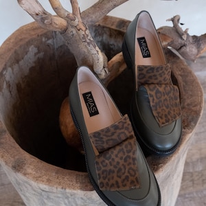 Classic leather loafer shoes women, dress shoes, flat slip on shoes, green loafers, casual flats, unique custom made shoes women