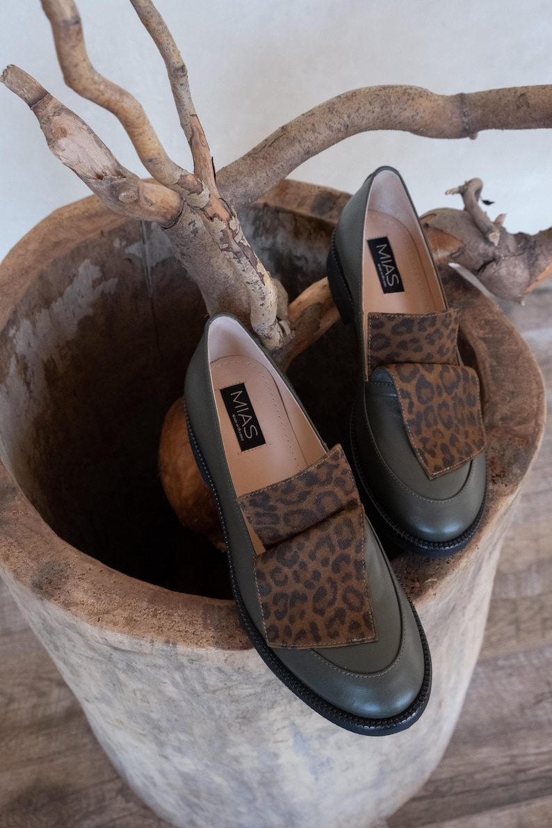 Classic leather loafer shoes women, dress shoes, flat slip on shoes, green loafers, casual flats, unique custom made shoes women