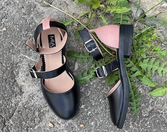 Ankle Strap Sandals, Black Leather Flat Shoes, Summer Color Block